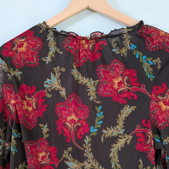 Y2K Express Mesh Top L Brown Red Floral Fairy Grunge Whimsigoth Ruffle Long Slv - Picture 8 of 11